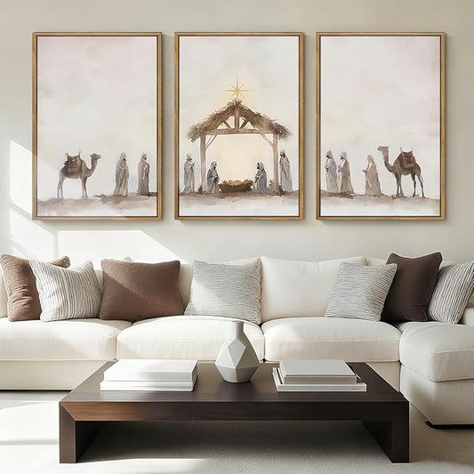 Anyzal Extra Large Jesus Framed Wall Art 24x36 Inch Easter Catholic Nativity Scene Canvas Artwork Christian Religious Birth of Jesus Painting for Living Room Bedroom Dining Room Set of 3