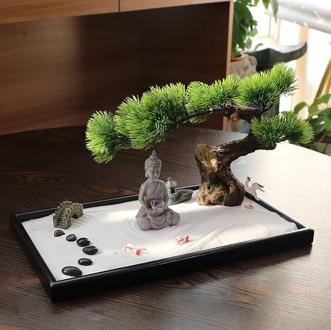 BangBangDa Japanese Zen Garden Kit for Desk - Meditation Rock Sand Garden for Birthday Gift Office Home Desktop Relaxation Decor Bamboo Rakes Bonsai Tree Pagoda Accessories Tools Kits