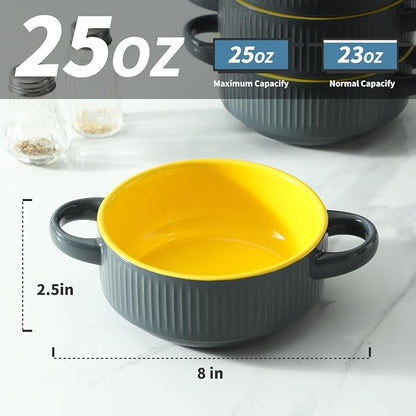 Soup Bowls with Handles, 23 oz French Onion Soup Crocks, Stackable Soup Bowl Oven Safe for Chili, Beef Stew, Embossment Ceramic Bowl Set - 5.4 Inch, Set of 4,Yellow Gray