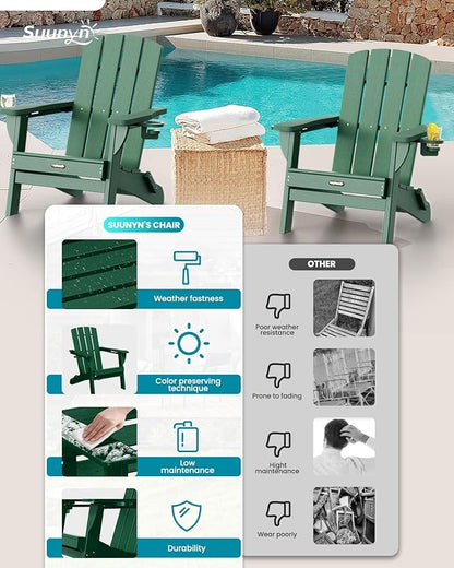 Folding Adirondack Chair 6 Pack, HDPE All-Weather Fire Pit Chairs, Plastic Adirondack Chairs with 2 Cup Holder, Outdoor Lawn Chair for Patio Garden (Green)