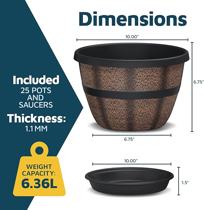 10-Inch Whiskey Barrel Planters Outdoor Pack of 25 - Durable Plastic Plant Pots for Indoor & Outdoor Use with Drainage & Saucer, Lightweight Rustic Barrel Planters for Flowers, Herbs & Small Plants