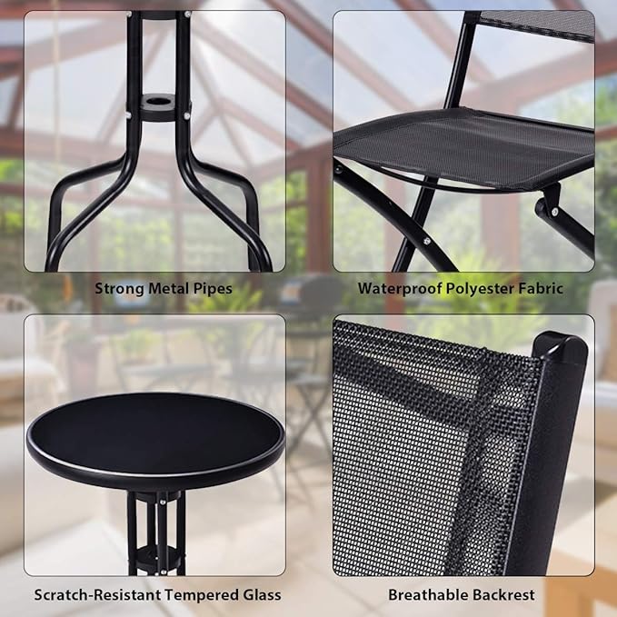 Giantex 3 Pcs Bistro Set Garden Backyard Round Table Folding Chairs, with Rust-Proof Steel Frames & Reinforced Glass Design Outdoor Patio Furniture, Black