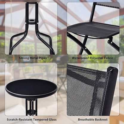 Giantex 3 Pcs Bistro Set Garden Backyard Round Table Folding Chairs, with Rust-Proof Steel Frames & Reinforced Glass Design Outdoor Patio Furniture, Black