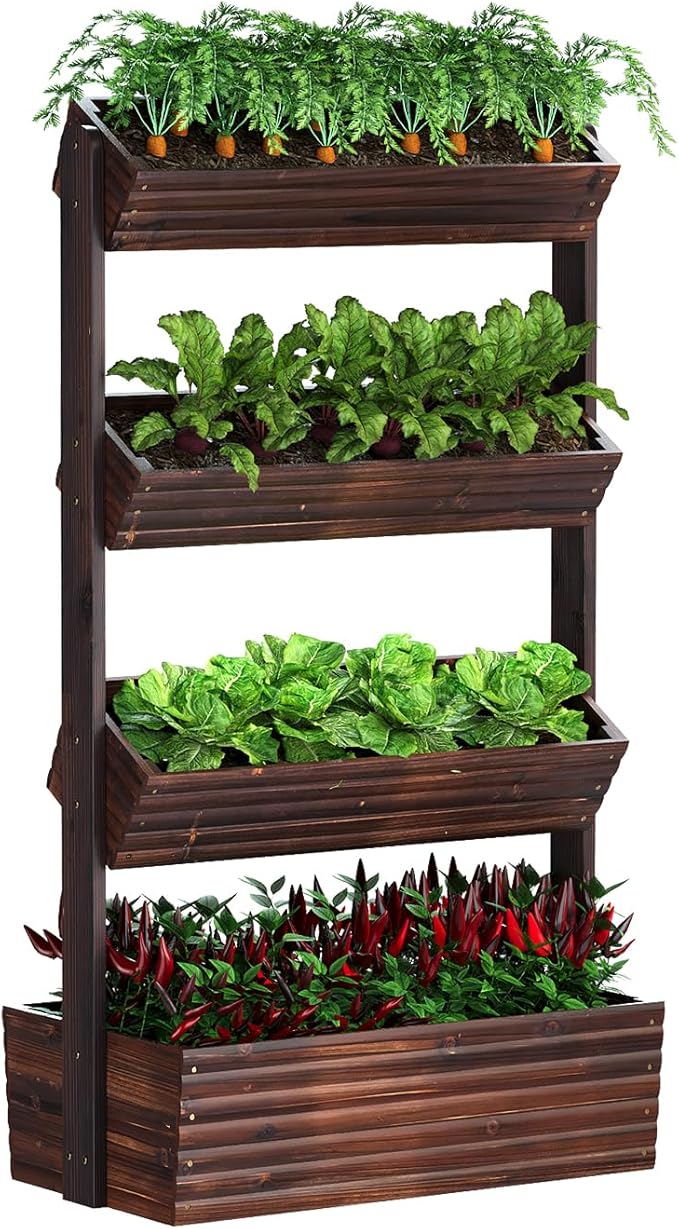 Vertical Wooden Raised Garden Bed, Garden Planters Freestanding Wood Plant Stand Flower Rack Wooden Planter Box for Plants Herbs Flowers Vegetables Outdoor Indoor Gardening (4-Tier Carbonized)