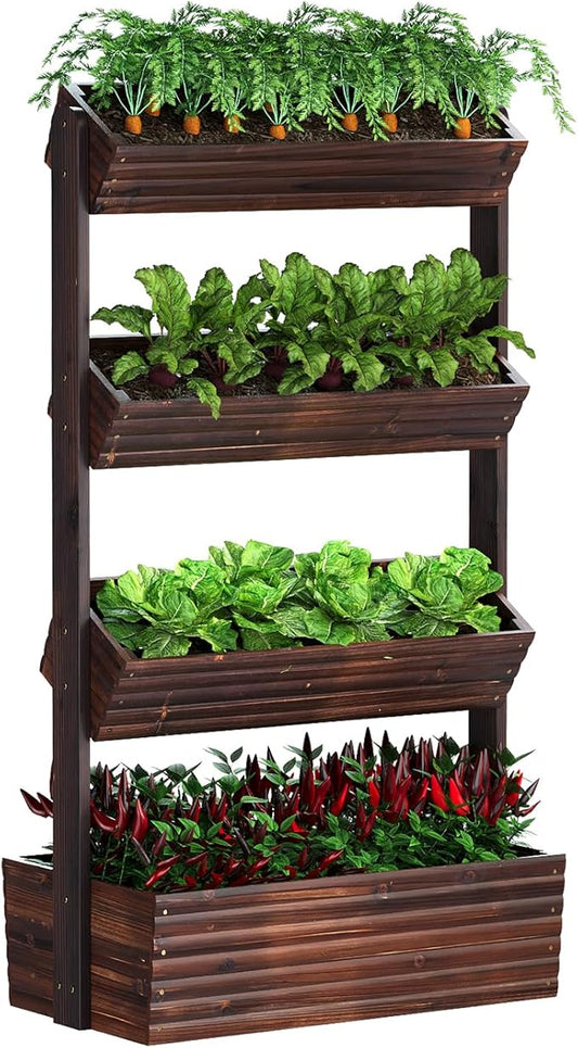Vertical Wooden Raised Garden Bed, Garden Planters Freestanding Wood Plant Stand Flower Rack Wooden Planter Box for Plants Herbs Flowers Vegetables Outdoor Indoor Gardening (4-Tier Carbonized)