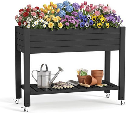 Vixzen Raised Garden Bed Outdoor,Reinforced Large Planter Box with Wheels & Storage Shelf,Mobile Planter Bed Box for Backyard, Patio, Balcony (Black, 21Gal（43.31"×17.72"×33.66"）)