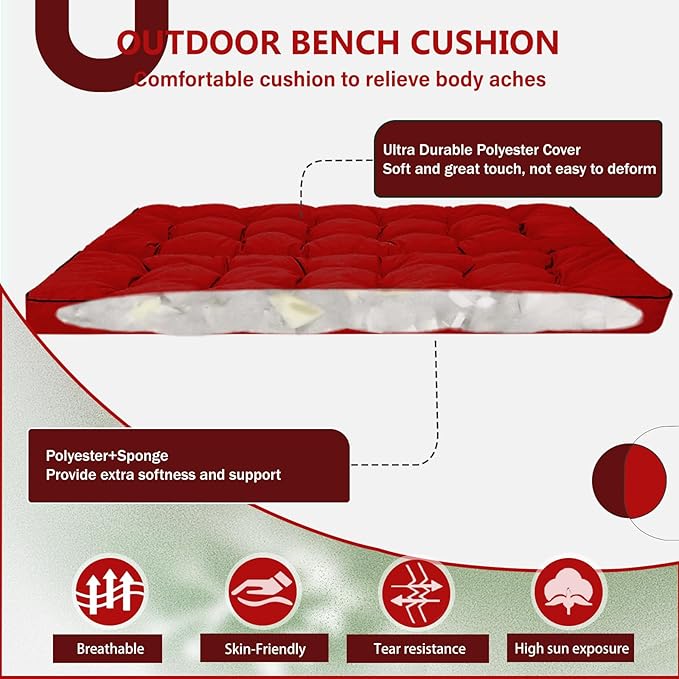 2/3 Seater Swing Replacement Cushion, Waterproof Porch Swing Cushions with Backrest, Thickened Bench Cushions for Outdoor Furniture, for Outdoor Patio Swing (Red, 55 * 40in)
