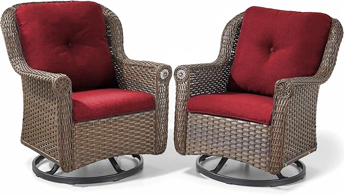 Patio Chairs Outdoor Swivel Glider - Set of 2 High Back Outside Brown Wicker Rattan Rocking Chair with Thick Cushion for Porch Apartment Deck Yard Poolside Garden - Red