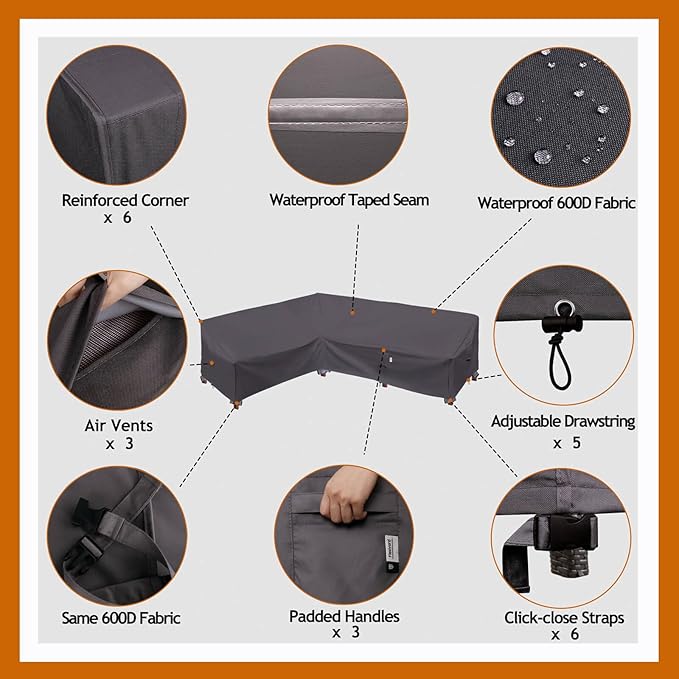 Heavy Duty Outdoor Sectional Patio Sofa Cover, 83"X115" Waterproof 600D, Storm Grey L-Shaped-Left Facing-83 x115