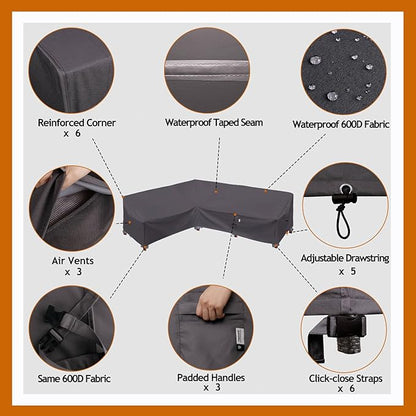 Heavy Duty Outdoor Sectional Patio Sofa Cover, 83"X115" Waterproof 600D, Storm Grey L-Shaped-Left Facing-83 x115