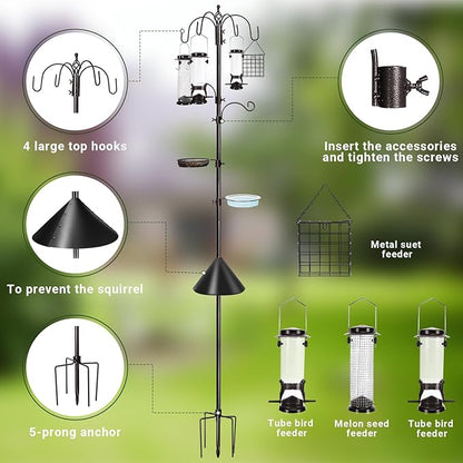 YINGYM 6-Hook Bird Feeding Station Kit Wild Bird Feeder Stand Pole, Multi-Feeder Hanging Kit Stand with Water Bowl, Mesh Tray and Squirrel Guard Baffle, 94 Inch