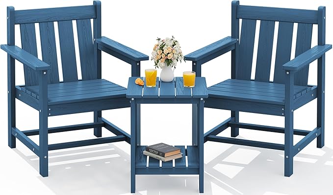 SEWRWALL Patio Furniture Set, HDPE Material All Weather Use Adirondack Chair Set with Side Table for Balcony, Porch, Garden, Backyard- Navy