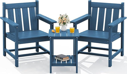 SEWRWALL Patio Furniture Set, HDPE Material All Weather Use Adirondack Chair Set with Side Table for Balcony, Porch, Garden, Backyard- Navy