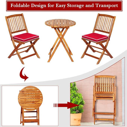 Tangkula 3 PCS Patio Folding Bistro Set, Outdoor Acacia Wood Chair and Table Set w/Padded Cushion& Round Coffee Table, Ideal for Indoor Patio Poolside Garden (Red)