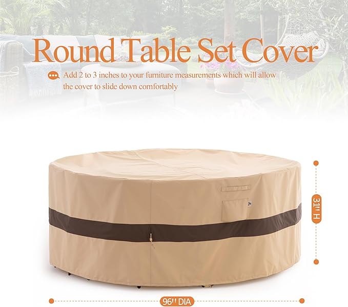 WJ-X3 Round Patio Furniture Cover, 96" D x 31" H, Waterproof, UV Resistant, Anti-Fading Outdoor Cover for Round Dining Table and Chairs Set, Beige & Coffee