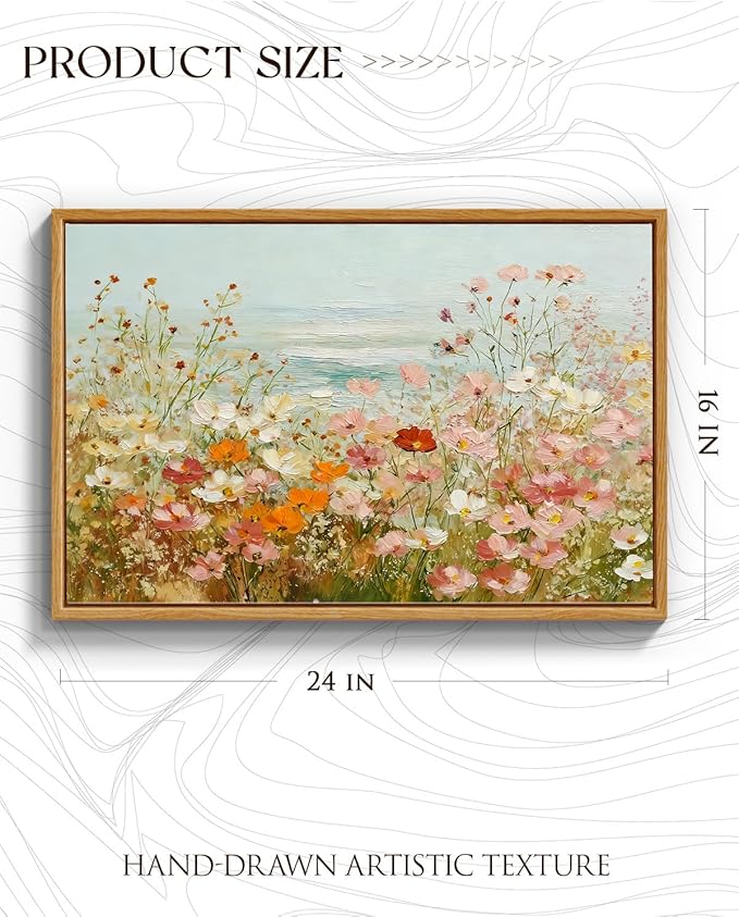 InSimSea Framed Canvas Art Hand-Painted Vintage Wildflower Art,16x24inch, Textured Floral Landscape Paintings Artwork Wall Decor for Living Dining Room Hallway, Coastal Beach Nature Picture