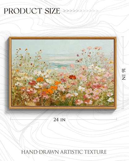 InSimSea Framed Canvas Art Hand-Painted Vintage Wildflower Art,16x24inch, Textured Floral Landscape Paintings Artwork Wall Decor for Living Dining Room Hallway, Coastal Beach Nature Picture