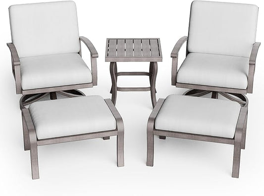 HAPPATIO 5 Piece Aluminum Outdoor Patio Furniture Set, Swivel Rocker Patio Chairs with Ottomans and Side Table, Balcony Furniture, Patio Conversation Set for Porch Garden (Gray)