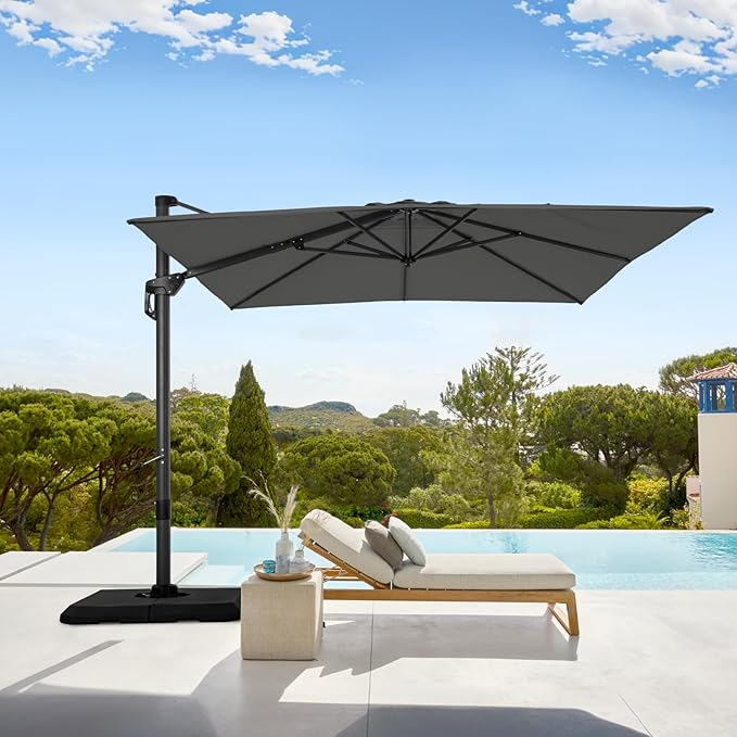 GREEN PARTY 9x12 ft Cantilever Patio Umbrella, Rectangle Offset Outdoor Umbrellas with 360° Rotation, 5-Year-Non-Fading Hanging Pool Umbrella for Garden Deck Poolside - Grey
