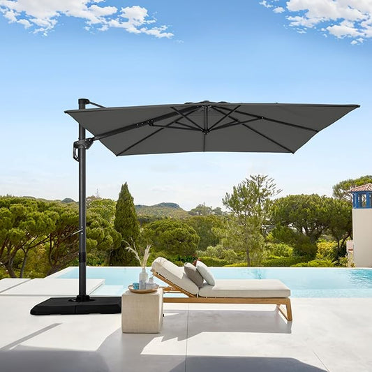 GREEN PARTY 10x10 ft Cantilever Patio Umbrella with Base, Rectangle Offset Outdoor Umbrellas with 360° Rotation, 5-Year-Non-Fading Hanging Pool Umbrella for Garden Deck Poolside - Grey