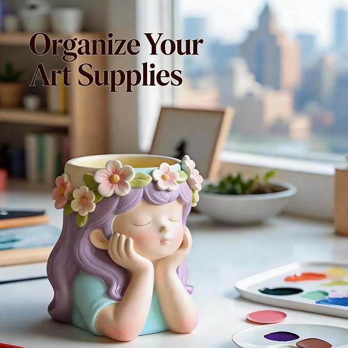 1Pc Cute Girl Resin Casting Mold 3D Flower Crown Head Silicone Mold for Epoxy Succulents Planter Pen Holder Candle Making Concrete DIY Craft Home Decor Handmade Gifts Easy Demold