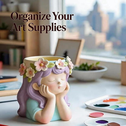 1Pc Cute Girl Resin Casting Mold 3D Flower Crown Head Silicone Mold for Epoxy Succulents Planter Pen Holder Candle Making Concrete DIY Craft Home Decor Handmade Gifts Easy Demold