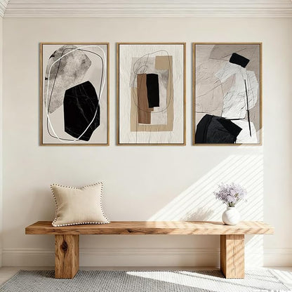 Anyzal Large Black Abstract Framed Wall Art 16x24 Inch Modern Neutral Canvas Wall Decor Beige Grey Minimalist Painting for Living room Bedroom Dining room Set of 3