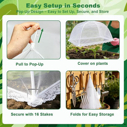 4 Packs Mesh Plant Cover with 16 Ground Stakes, Pop-up Mesh Plant Cover for Outdoor, Reusable Mesh Plant Protector for Vegetables Seedlings and Herbs, Strawberry Plant Protector(17 x 17 Inch)