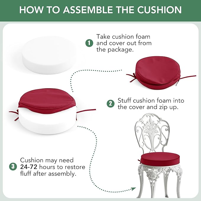 Summsun Outdoor Bistro Chair Cushions Set of 2, 15" D x 3" H Round Chair Cushions Waterproof and Fade Resistant Chair Cushion Pads with Non-Slip Ties and Removable Covers for Garden, Burgundy