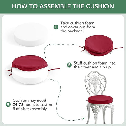 Summsun Outdoor Bistro Chair Cushions Set of 4, 15" D x 3" H Round Chair Cushions Waterproof and Fade Resistant Chair Cushion Pads with Non-Slip Ties and Removable Covers for Garden, Burgundy