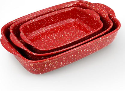 3-Pack Ceramic Lasagna Pan,Heavy-Duty Rectangular Baking Dishes, High Heat Resistant Oven-Safe Stoneware Casserole with Handles,Home Baking,Speckle Series(13.8''/12''/9.6'' Red)