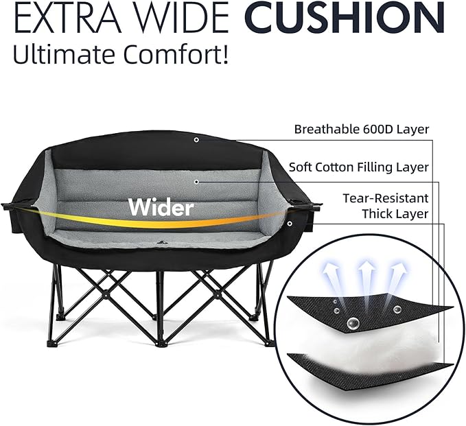 Double Camping Chair Loveseat - 2 Person Oversized Camping Couch for Adults Padded Heavy Duty Outdoor Lawn Beach Portable Folding Chairs with Cup Holders and Carry Bag Support 600lbs, Black/Grey