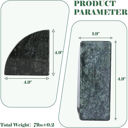 Karibiber Marble Bookend for Shelves, Non-Skid Bookends for Heavy Books, Heavy Duty Book Stopper for CDs, Luxury Book Shelf Holder, Quarter Circle Design Book Ends Decorative, Indian Green, Set of 2