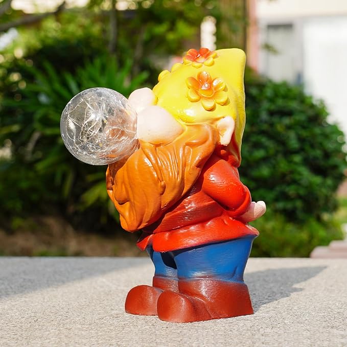 Solar Garden Statues Lights, 8.5" Christmas Outdoor Gnome Figurine with Auto On/Off for Yard Patio Decor, Gifts for Women, Grandma, Mom, Housewarming (Bubble Bliss Gnome)