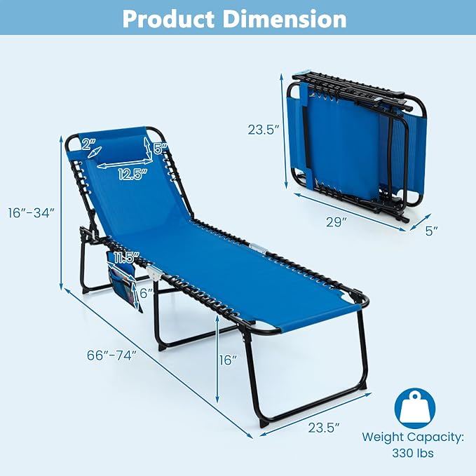 Tangkula Beach Lounge Chair for Outside, Folding Chaise Lounge Outdoor with 4-Position Backrest, Removable Headrest and Side Pocket, Portable Sunbathing Tanning Chair for Patio, Poolside (1, Navy)
