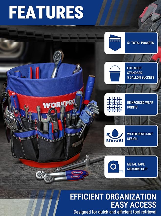 WORKPRO Bucket Tool Organizer with 51 Pockets Fits to 3.5-5 Gallon Bucket (Tools Excluded)