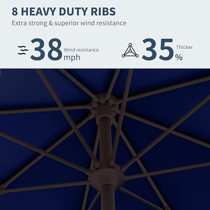 PatioKingdom 10FT Patio Umbrella with Push Button Tilt and Crank, Outdoor Market Umbrella with 8 Fiberglass Ribs, UV Protection Table Umbrella for Pool,Backyard,Garden,Deck(Navy, 10FT)