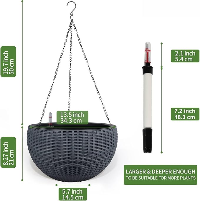 Dexceder 13.5 Inch Large Self Watering Hanging Planters Indoor Outdoor, Thickened Hanging Basket Flower Plant Pot with Water Level Indicator (Gray)