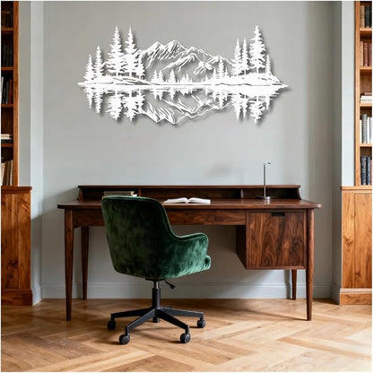 Mountain View Metal Wall Art,Nature Landscape Home Decor with Reflection,Black Iron Sculpture for Bedroom Garden Living Room Outdoor Office(White,48 x22 in/121x56 cm)