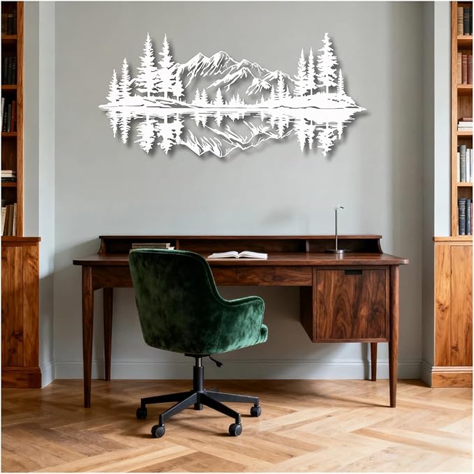 Mountain View Metal Wall Art,Nature Landscape Home Decor with Reflection,Black Iron Sculpture for Bedroom Garden Living Room Outdoor Office(White,53 x25 in/135x63 cm)