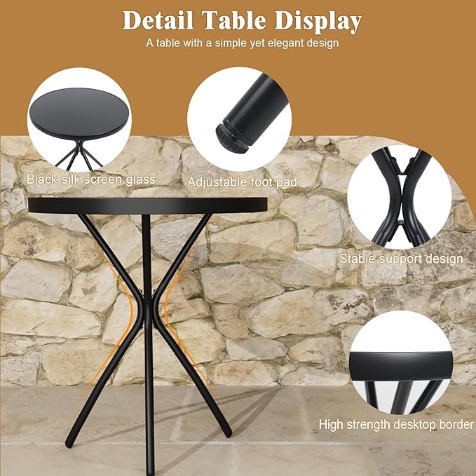 3 Piece Patio Bistro Set Folding Outdoor Dining Set for 2, Bistro Table and Chairs Set of 2 No Assembly Anti Rust Small Outdoor Bistro Sets for Lawn Backyard Balcony Poolside Deck (Black)