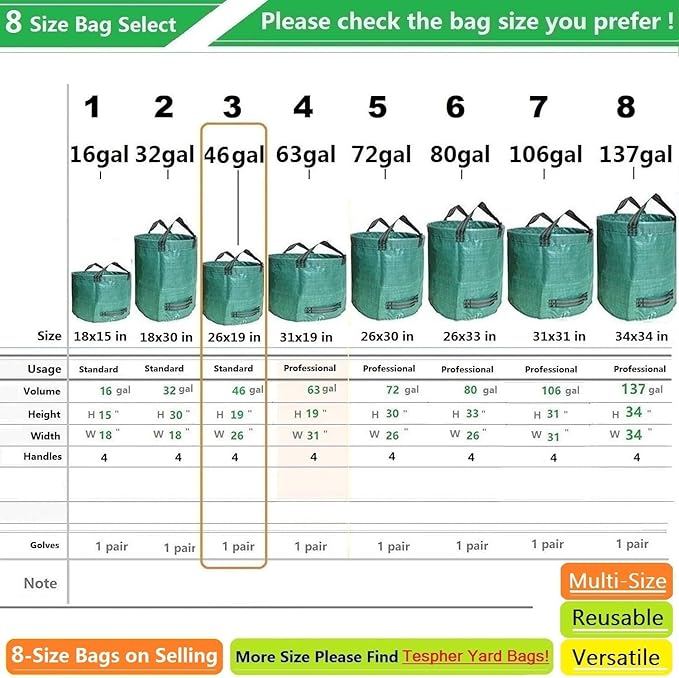 Standard 3-Pack 46 Gallon Lawn Garden Bags (D26,H19 in) Yard Waste Bags with Gardening Gloves for Leaf Bag,Yard Debris,Garden Trash Container,Camping Waste Bin,Lawn Weeds,Grass Clippings Bag 4 Handles
