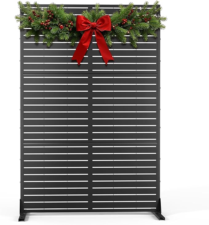 Metal Privacy Screen with Stand 72" H×47" W Outdoor Freestanding Privacy Screen & Panels, Outdoor Privacy Screen for Deck Patio Balcony(Black-Louvered)