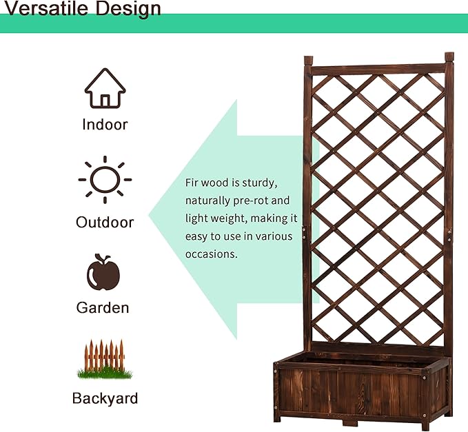 Anraja Raised Garden Bed with Trellis Wooden Planter Box Set of 2 Outdoor Wood Privacy Screen for Climbing Plant Planting Flower Patio Tomato Vegetable Herb Balcony Porch 29.5" L x 17.0" W x 67.0" H
