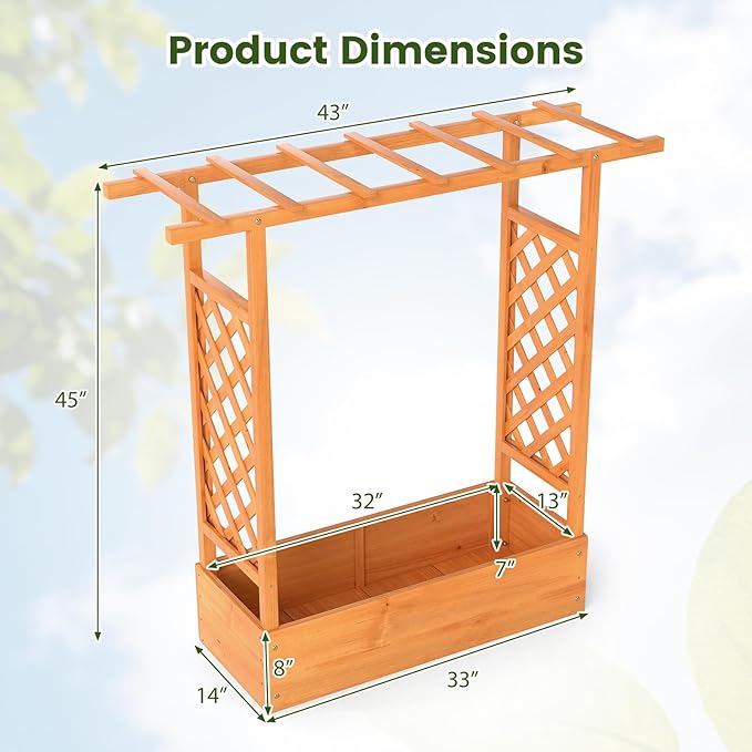 S AFSTAR Raised Garden Bed with Trellis, 2-in-1 Fir Wood Planter Box with Flat Roof & Drainage Holes, Vertical Planter Raised Bed for Climbing Plants, Flowers & Vegetables, 43" x 14" x 45" (Orange)