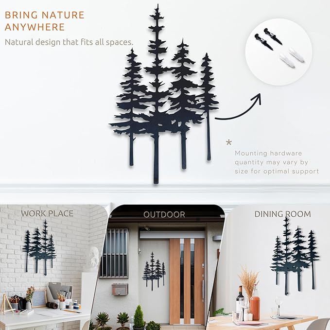 Pine Tree Metal Wall Mounted Art, Large Black Rustic Pine Forest Scene, Handcrafted Metal Home Decor with Static Powder Coating, Indoor/Outdoor Home, Living Room, Farmhouse, Garden, Bedroom Decor, Wall Hanging Sign (18 x 11 inches)