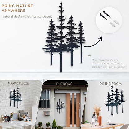 Pine Tree Metal Wall Mounted Art, Large Black Rustic Pine Forest Scene, Handcrafted Metal Home Decor with Static Powder Coating, Indoor/Outdoor Home, Living Room, Farmhouse, Garden, Bedroom Decor, Wall Hanging Sign (18 x 11 inches)