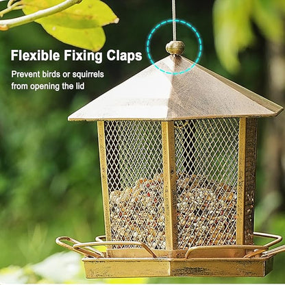 Hexagonal Gazebo Bird Feeders, Metal Hanging Wild Finch Bird Feeder, Outdoor Weatherproof Birdfeeder for Garden Patio Backyard Lawn Decor