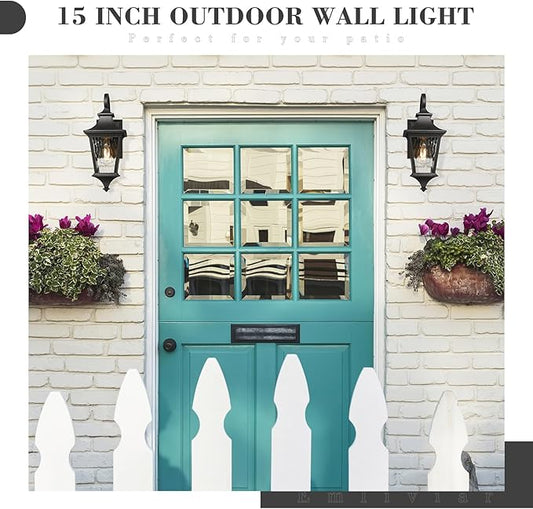Emliviar 15 Inch Outdoor Wall Lantern Light, Porch Light for House, Hallway and Entryway, Black Finish with Water Ripple Glass, XE292B-SW BK