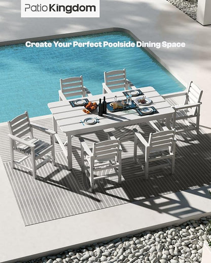 7-Piece White HDPE Patio Table and Chairs Set, Weather Resistant Outdoor HDPE Dining Table Sets with Umbrella Hole for Lawn, Garden, Deck, Poolside, Balcony
